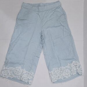 Sky Blue Capris with White Lace Trim. Cropped. Wide Leg. Shabby Chic. Coquette.